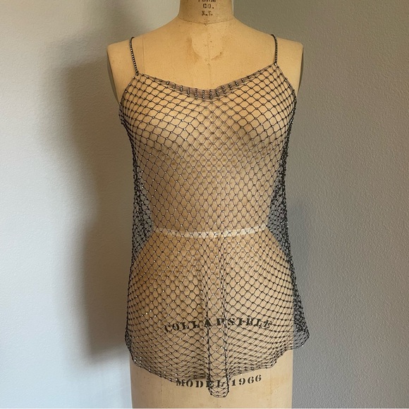 Lucy Paris- NWT SZ M Black Rhinestones Mesh Tank - Picture 1 of 10